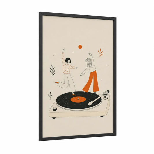 Retro Dancing Couple Vinyl Wall Art framed dance print — black wood frame — orange and beige palette