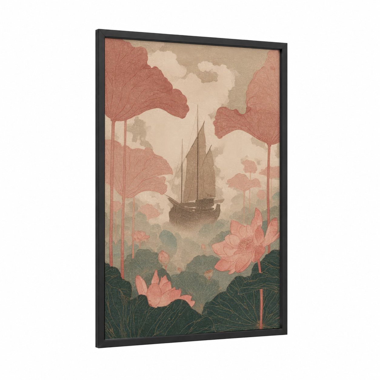 Lotus Voyage framed old ships print — black wood frame — salmon pink and sage green palette