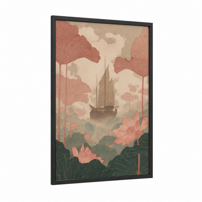 Lotus Voyage framed old ships print — black wood frame — salmon pink and sage green palette