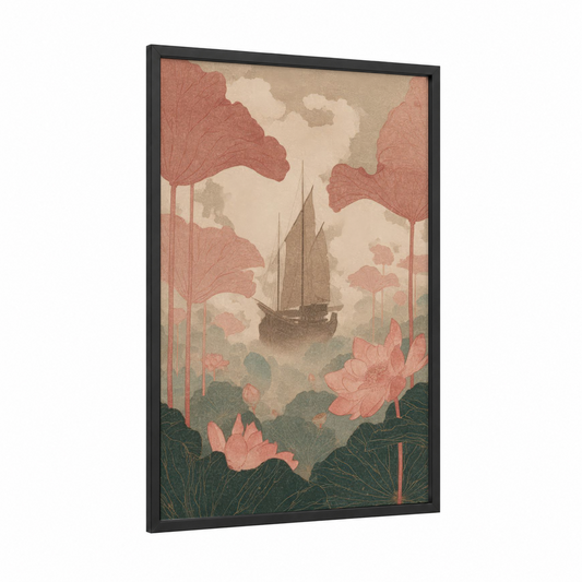 Lotus Voyage framed old ships print — black wood frame — salmon pink and sage green palette