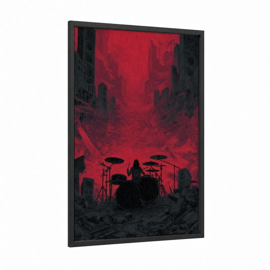 Crimson Apocalypse framed death metal print — black wood frame — red and black palette