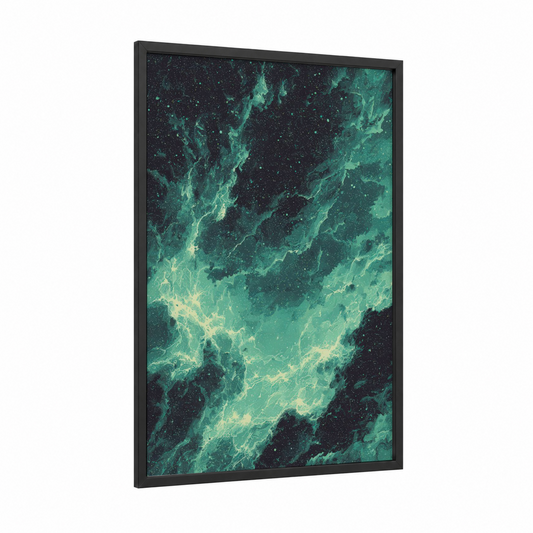 Emerald Nebula framed art print — black wood frame — teal and black palette
