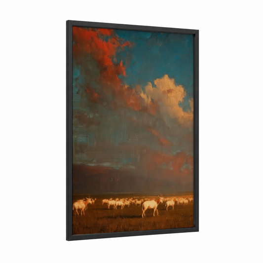 Golden Hour Antelope framed art print — black wood frame — orange and teal palette