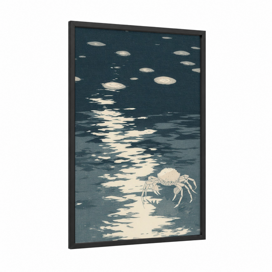 Moonlit Crab framed cancer print — black wood frame — dark blue and cream palette