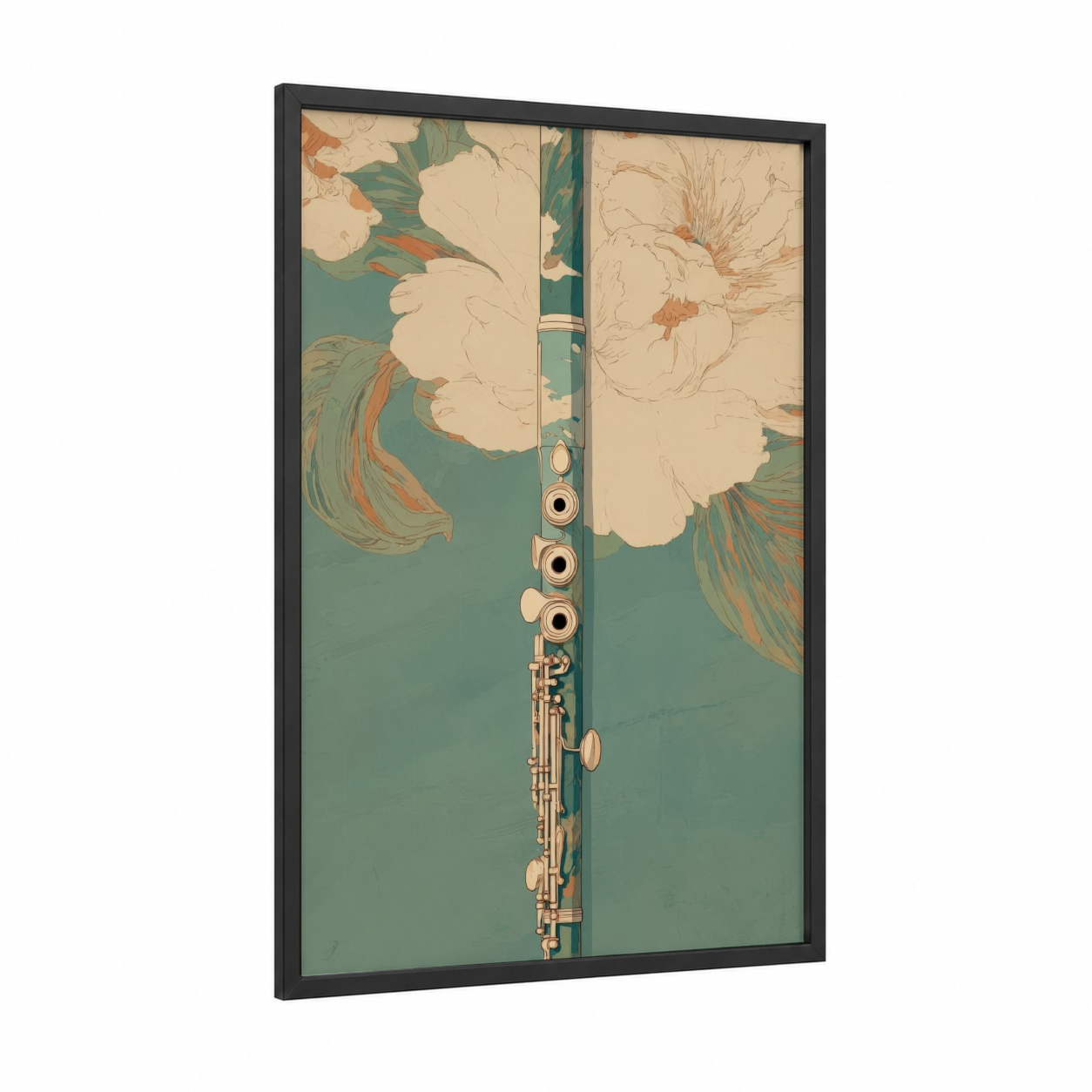Floral Flute framed art print — black wood frame — teal and cream palette