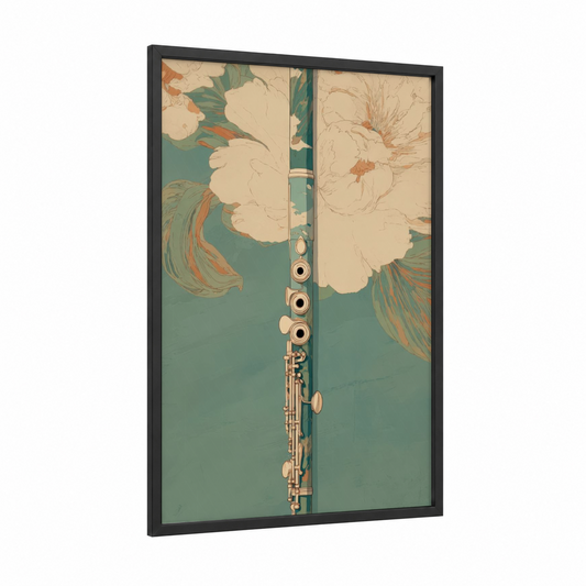 Floral Flute framed art print — black wood frame — teal and cream palette