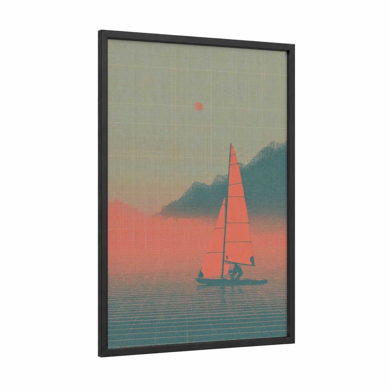 Crimson Sailboat Sunset framed windsurfing print — black wood frame — salmon pink and sage green palette