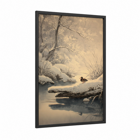 Snowy Duck Stream framed ducks print — black wood frame — beige and gray palette