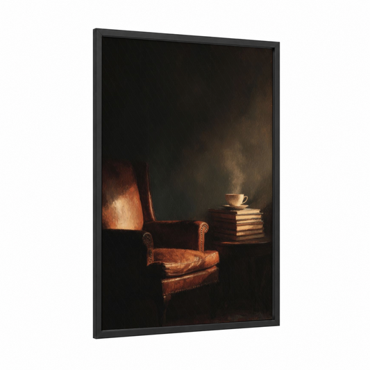 Vintage Reading Nook framed art print — black wood frame — brown and gold palette