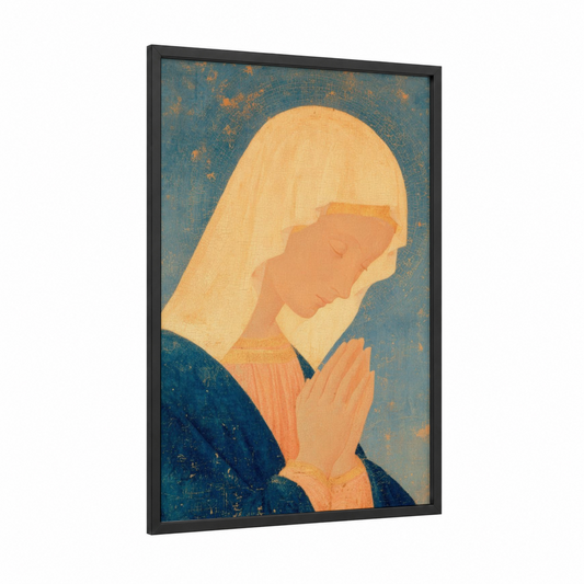 Serene Madonna framed virgin mary print — black wood frame — teal and peach palette