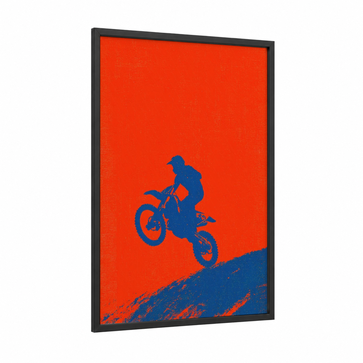 Airborne Motocross framed art print — black wood frame — orange and blue palette