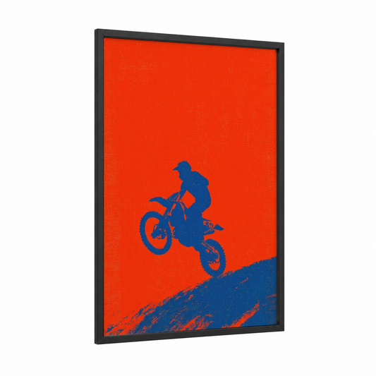 Airborne Motocross framed art print — black wood frame — orange and blue palette
