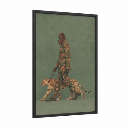 Fashioned Orangutan framed art print — black wood frame — sage green palette