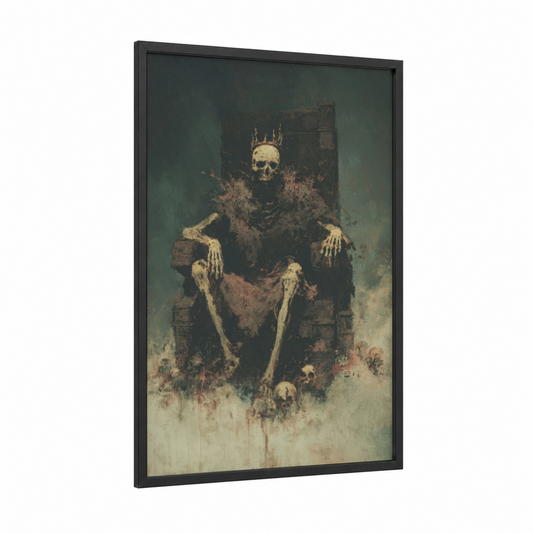 Throne of Death framed zombie print — black wood frame — dark green and cream palette
