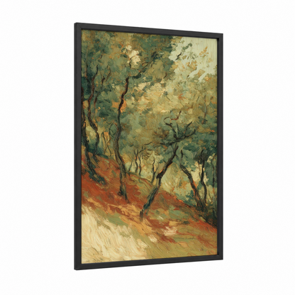 Golden Oak Grove framed oak forest print — black wood frame — gold and russet palette