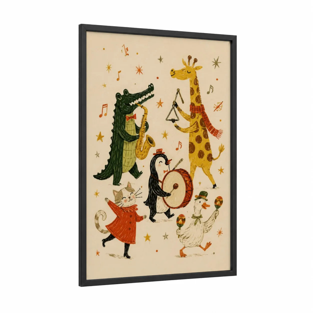 Musical Animals Band Wall Art framed giraffe print — black wood frame — cream and mustard palette