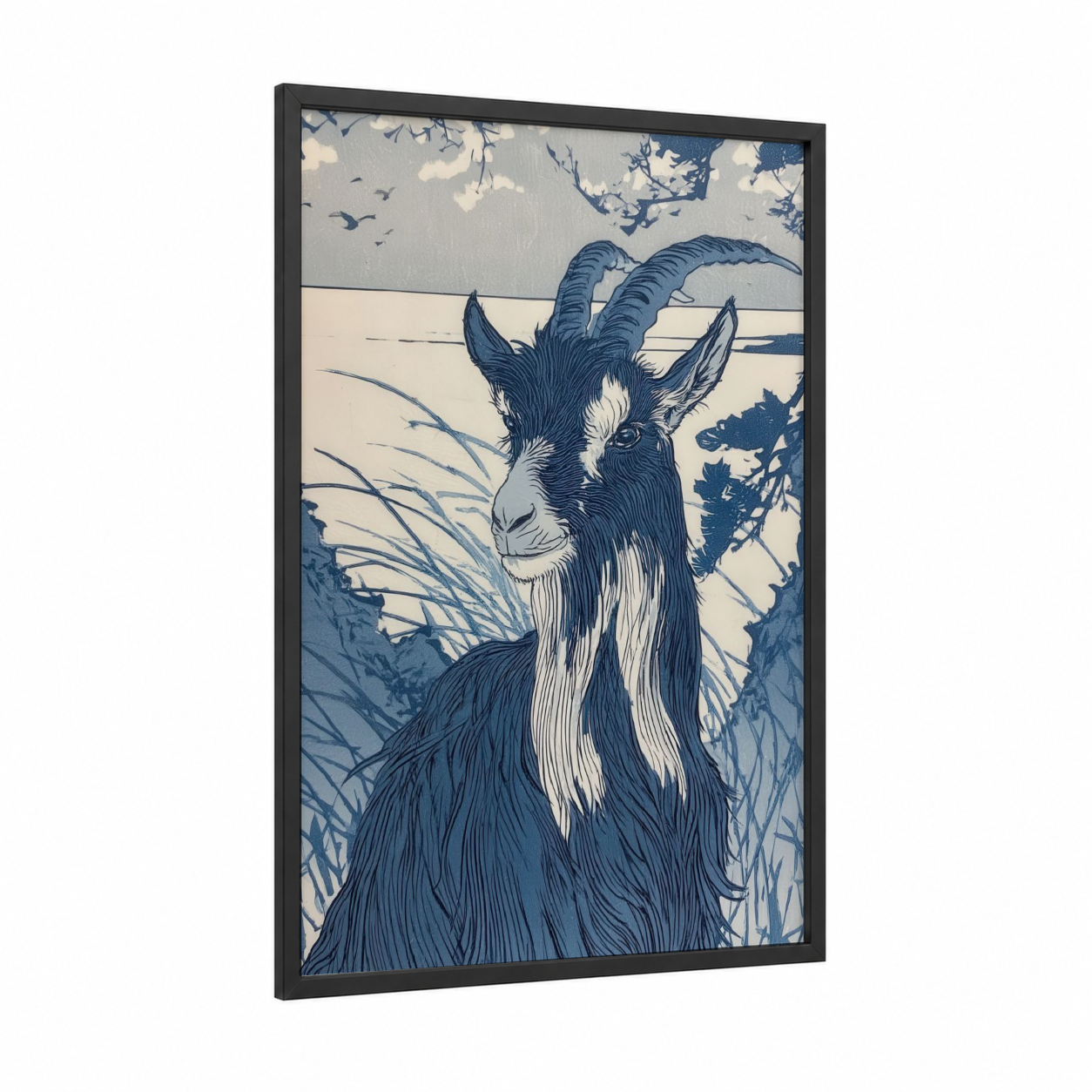 Bearded Goat Portrait framed art print — black wood frame — blue and white palette