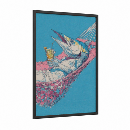Tropical Wahoo Relaxation framed art print — black wood frame — turquoise and salmon pink palette