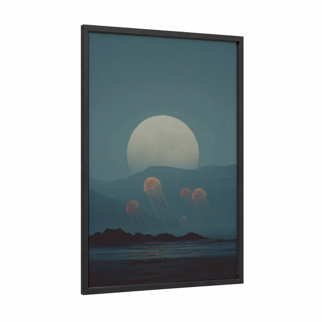 Lunar Jellyfish framed dreamscape print — black wood frame — bermuda gray and dark blue palette
