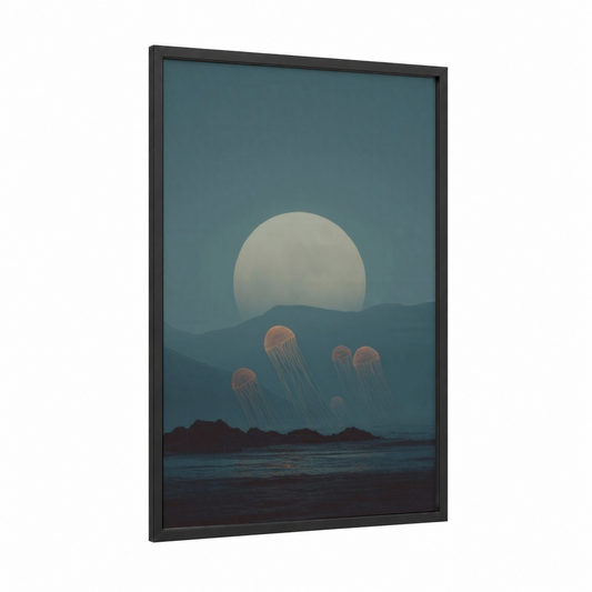 Lunar Jellyfish framed dreamscape print — black wood frame — bermuda gray and dark blue palette
