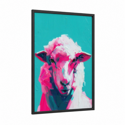 Neon Sheep Portrait framed art print — black wood frame — magenta and turquoise palette