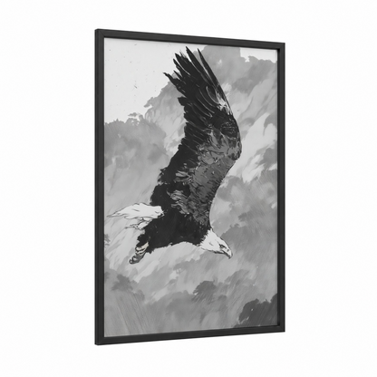 Soaring Eagle framed art print — black wood frame — black and white and gray palette