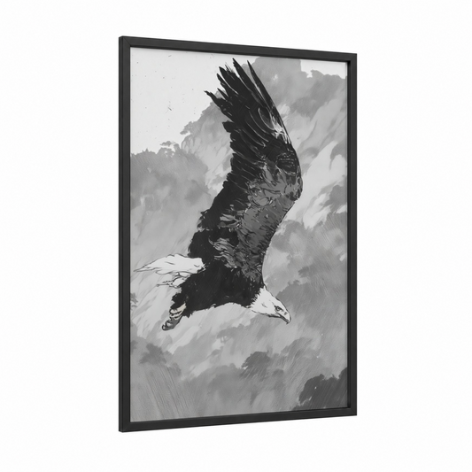Soaring Eagle framed art print — black wood frame — black and white and gray palette