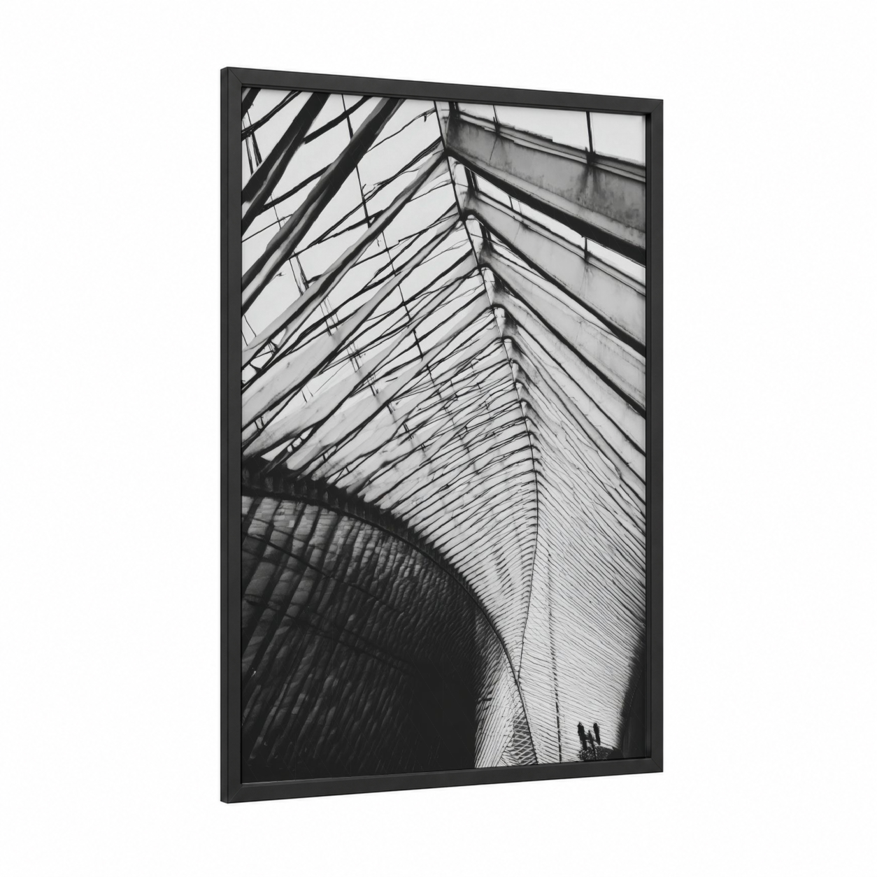 Geometric Skylight framed abstract architecture print — black wood frame — black and white palette
