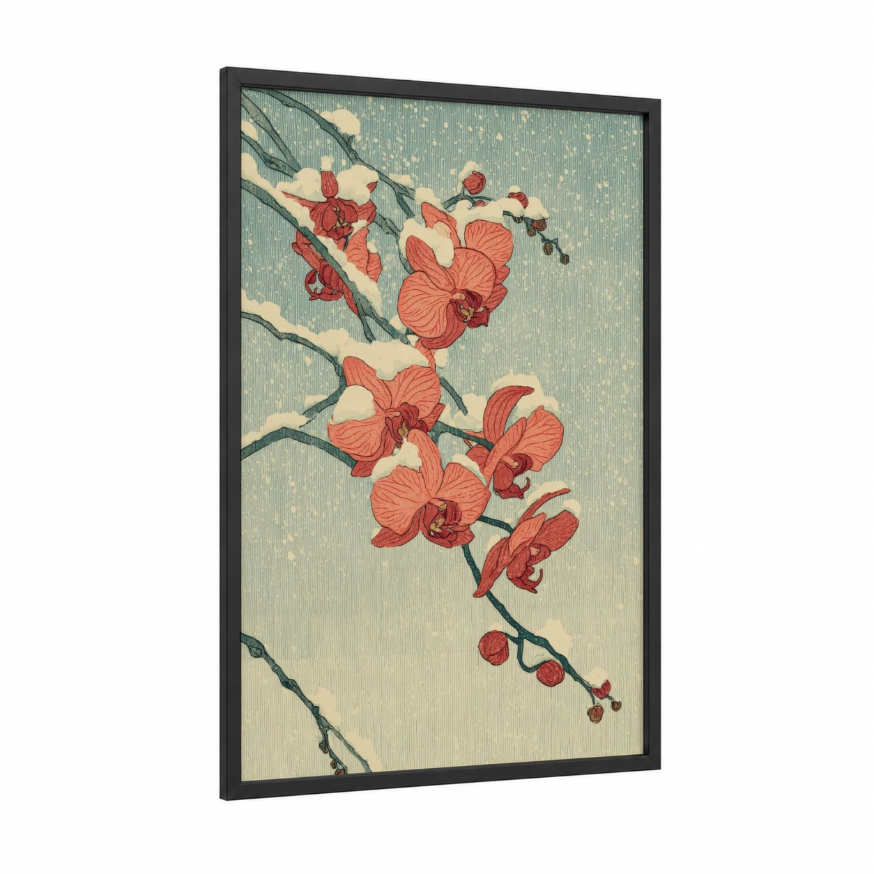 Crimson Orchid Snow framed art print — black wood frame — sage green and salmon pink palette