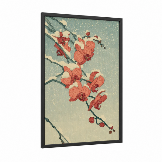 Crimson Orchid Snow framed art print — black wood frame — sage green and salmon pink palette