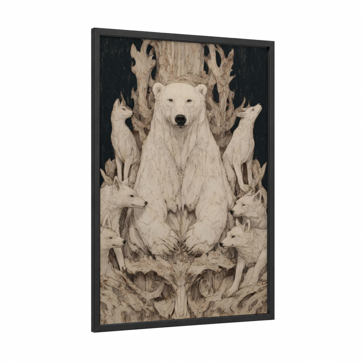 Arctic Guardian framed polar bear print — black wood frame — black and white and cream palette