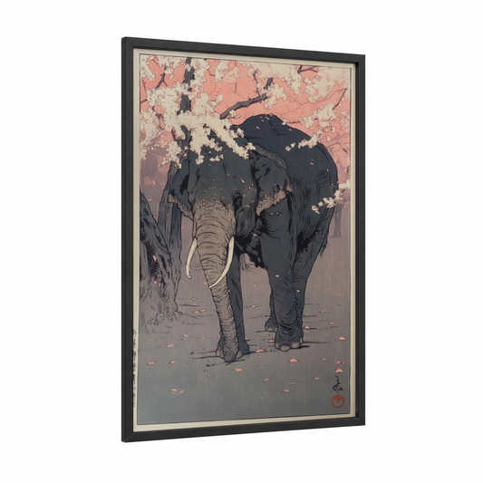 Blossoming Elephant framed asian elephant print — black wood frame — peach and black palette