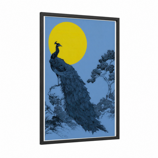 Moonlit Peacock framed art print — black wood frame — blue and yellow gold palette