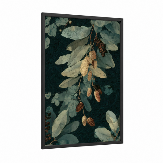 Desert Seed Study framed savanna and desert trees print — black wood frame — dark green and cream palette