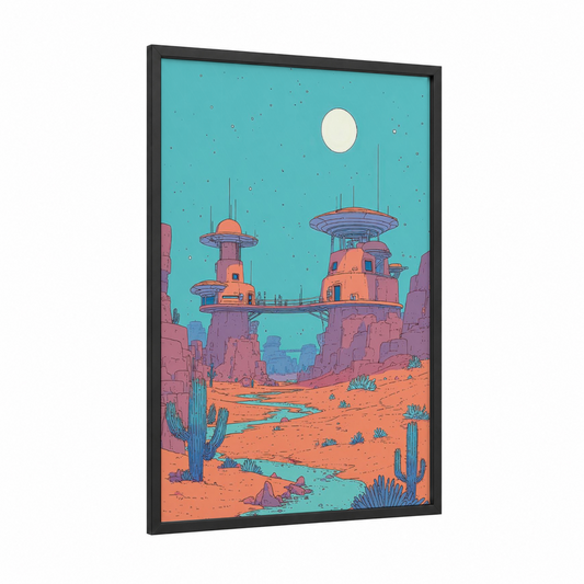 Desert Outpost framed comic books print — black wood frame — turquoise and orange palette