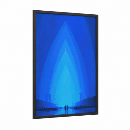 Luminous Monastery framed art print — black wood frame — blue and turquoise palette