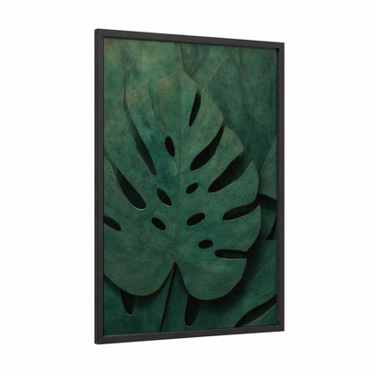Monstera Woodcarving framed art print — black wood frame — dark green and true green palette