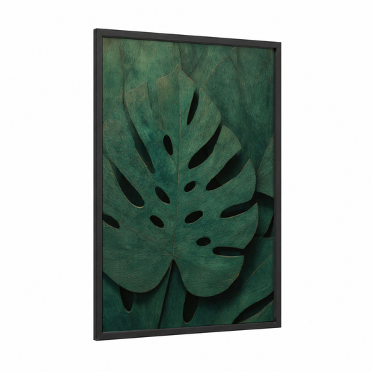 Monstera Woodcarving framed art print — black wood frame — dark green and true green palette