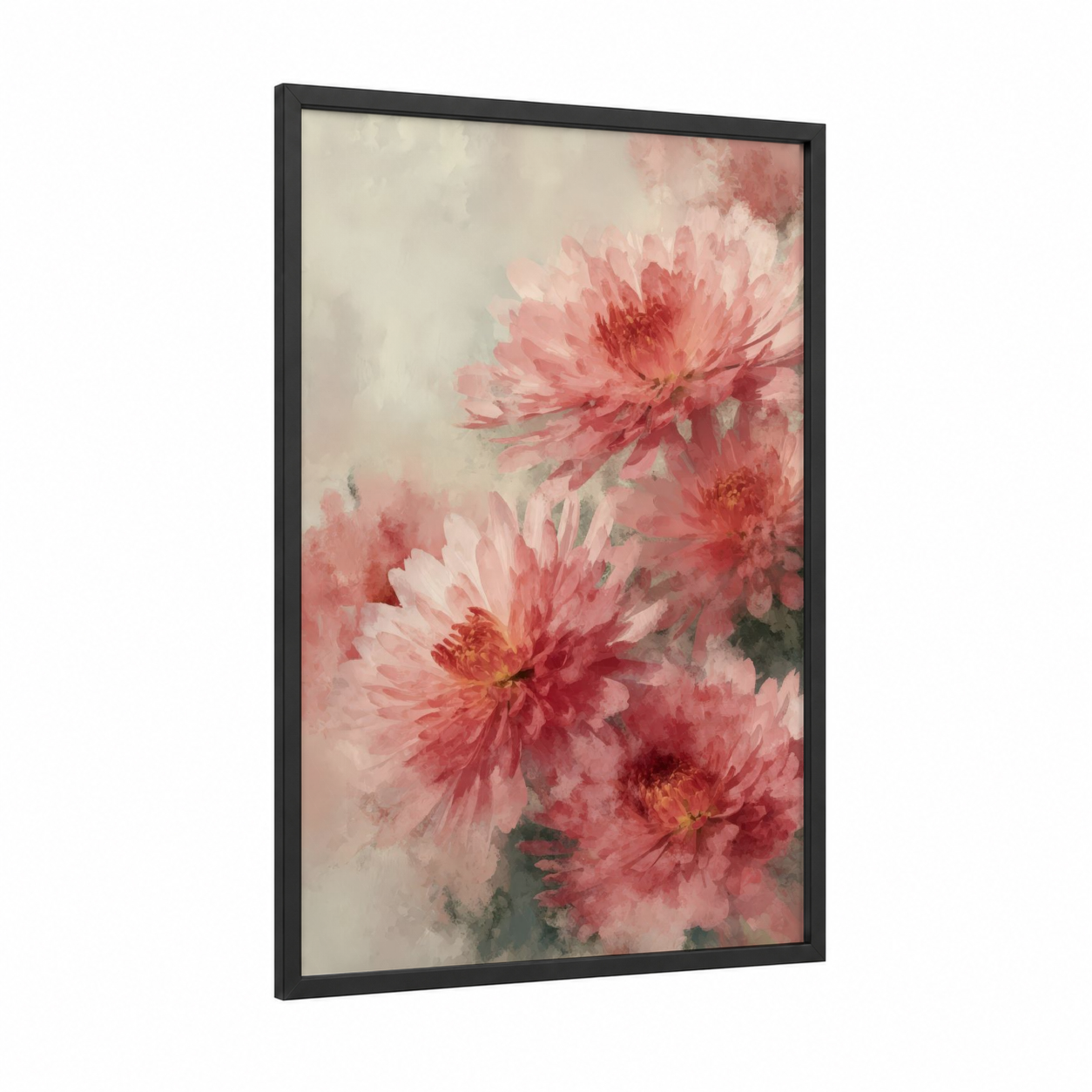 Blushing Chrysanthemums framed art print — black wood frame — salmon pink and cream palette