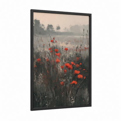 Misty Poppy Field framed poppies print — black wood frame — red and gray palette