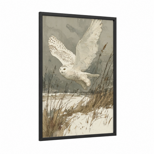 Snowy Owl Flight framed winter print — black wood frame — white and dove gray palette