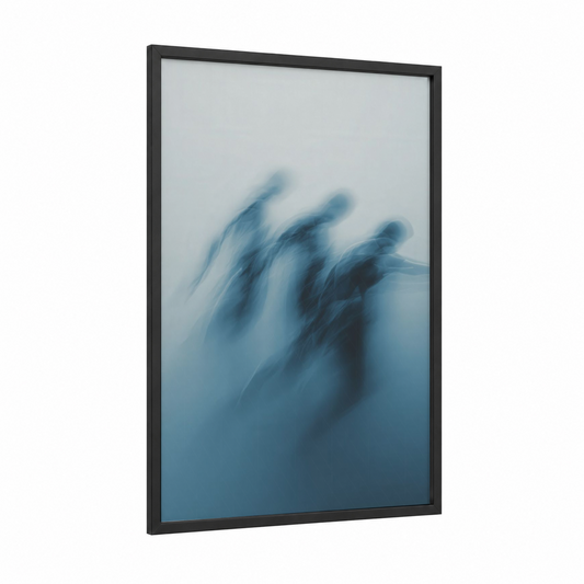 Ethereal Swimmers framed synchronized swimming print — black wood frame — blue and dove gray palette