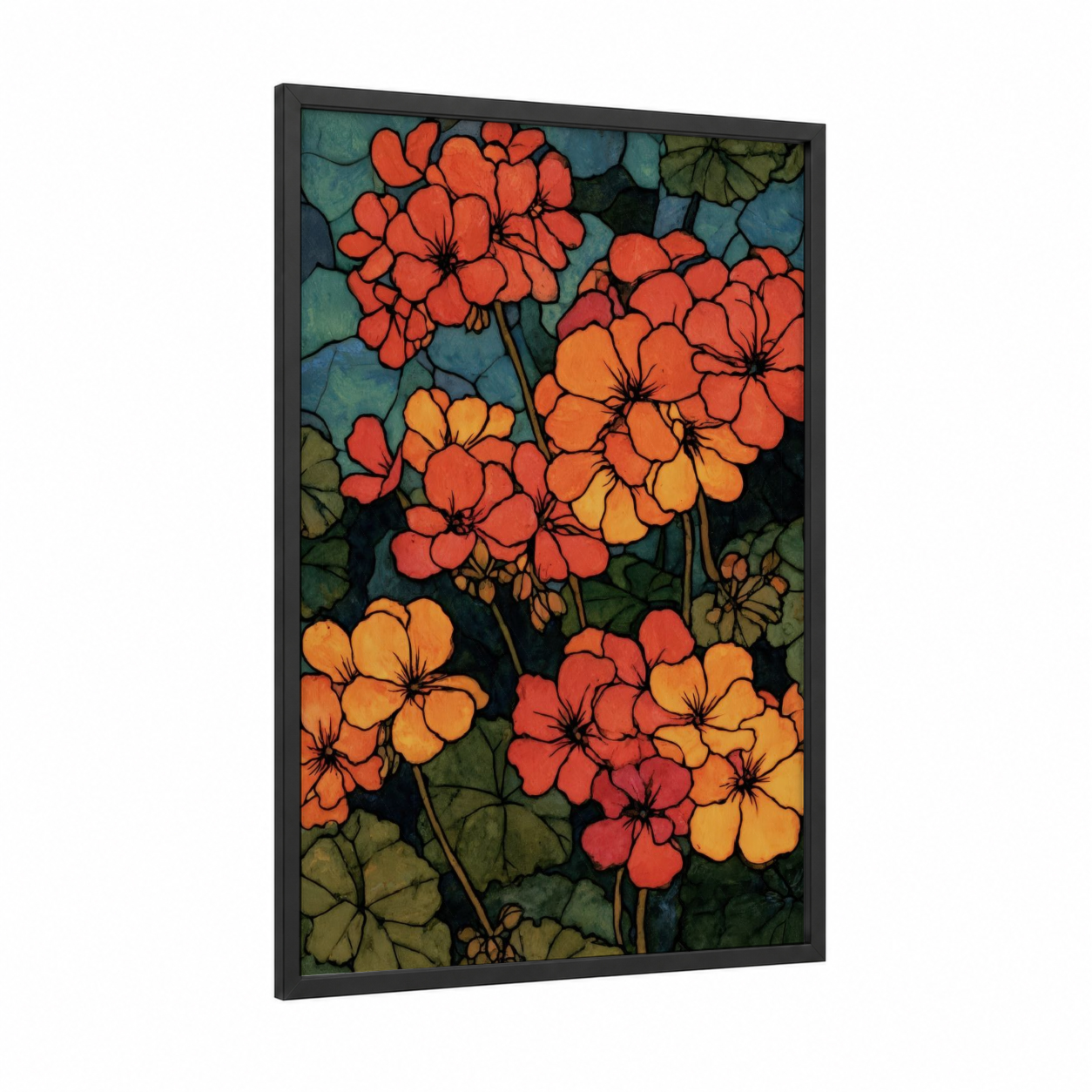 Vibrant Geranium Cluster framed art print — black wood frame — orange and teal palette