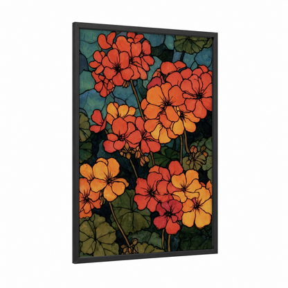 Vibrant Geranium Cluster framed art print — black wood frame — orange and teal palette