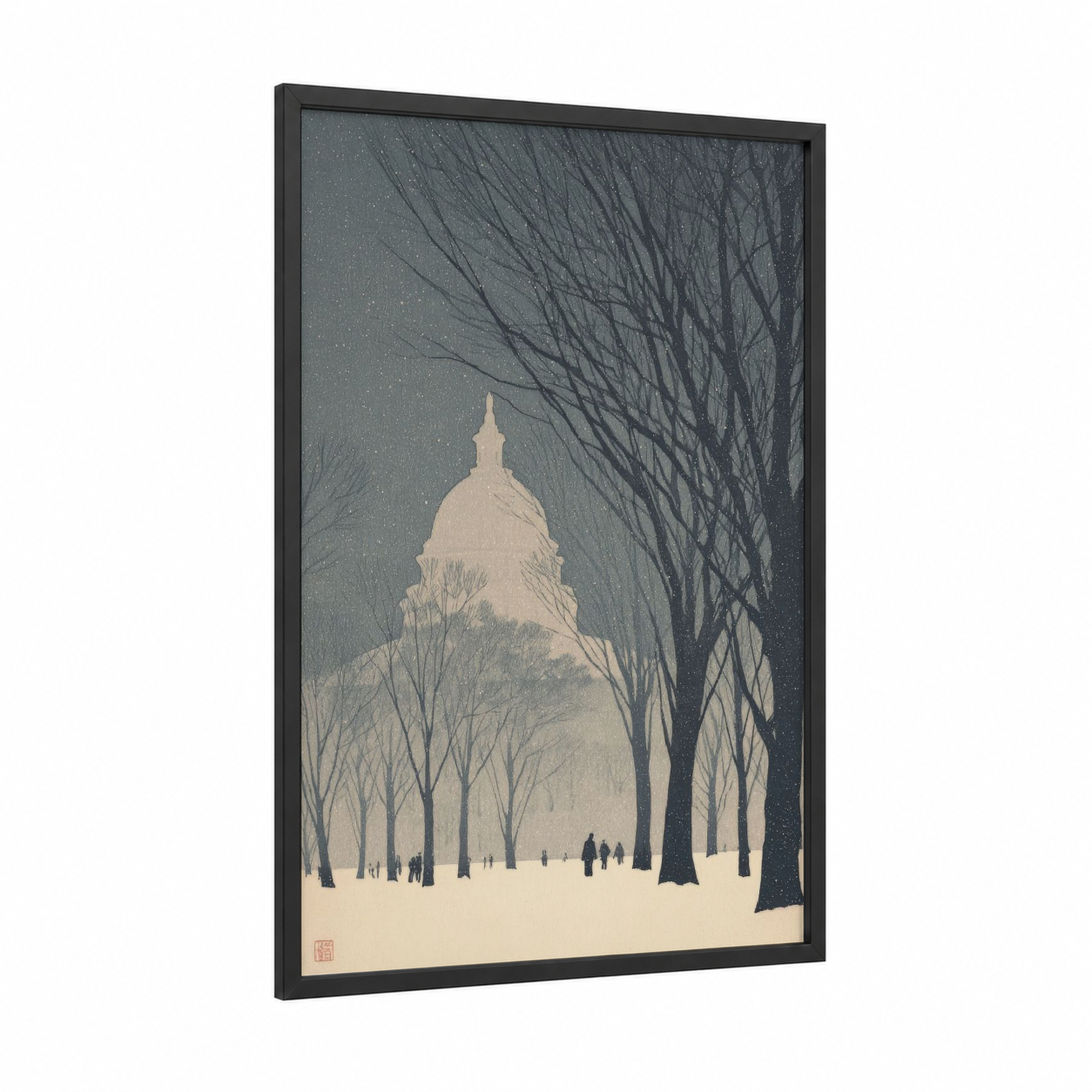 Snowy Capitol Winter framed us capitol print — black wood frame — gray and white and black and white palette