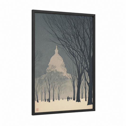 Snowy Capitol Winter framed us capitol print — black wood frame — gray and white and black and white palette