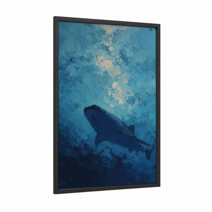 Deep Ocean Whale Shark framed art print — black wood frame — blue and teal palette