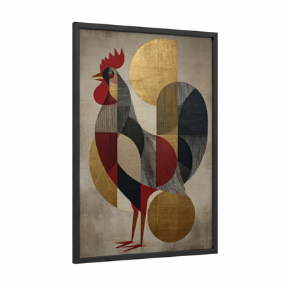 Geometric Rooster framed chicken and roosters print — black wood frame — gold and maroon palette