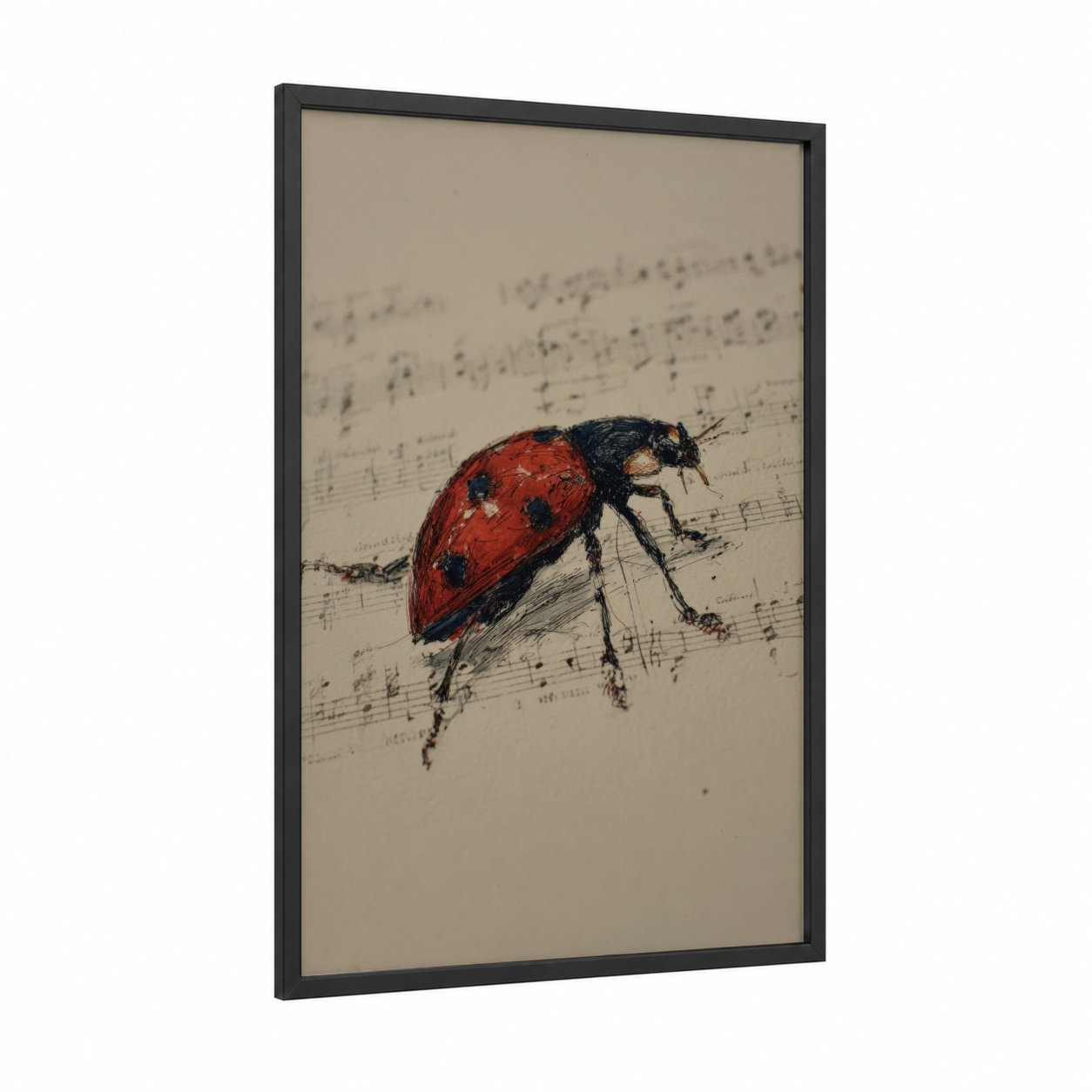 Musical Ladybug framed art print — black wood frame — red and cream palette