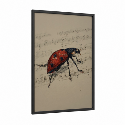 Musical Ladybug framed art print — black wood frame — red and cream palette